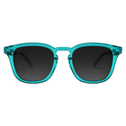 A pair of square sunglasses with translucent turquoise frames and dark gray lenses, shown against a plain white background.