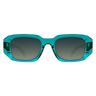 A pair of oversized square sunglasses with a translucent teal frame and dark gray gradient lenses, shown from the front on a white background.