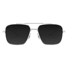 A pair of aviator-style sunglasses with a matte silver frame and dark gray lenses, shown from the front on a white background.