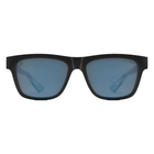A pair of sunglasses with a thick black frame and blue-gray tinted lenses, shown from a front-facing perspective on a white background.