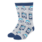 A pair of crew socks with a repeating Busch Light can and logo pattern on a white background, featuring navy blue cuffs, heels, and toes.