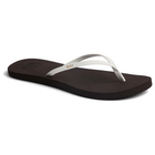 Brown and white sandal with 'REEF' branding on a white background