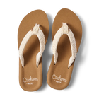 Pair of brown sandals with white straps on a white background
