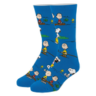 Blue socks with cartoon character pattern on a white background