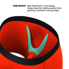 Red pouch with green claws and text about Ball Hammock technology on a white background