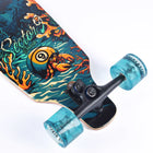 Skateboard with colorful design and blue wheels on a white background