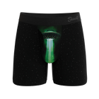Black boxer briefs with a green shower head design on a white background