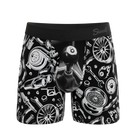 Black and white boxer briefs featuring a technical schematic print of car parts like wheels, spark plugs, and a gear shift knob, with a black elastic waistband and the brand name 'ShineStef' printed on the side.
