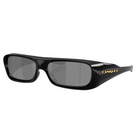 Oakley sunglasses with a glossy black frame and dark gray lenses, featuring the Oakley logo in gold on the temple, set against a light gray background.