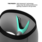 Close-up of a gray hammock with a black edge and a bright aqua inner pouch, with text above explaining Ball Hammock® technology.