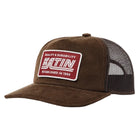 Brown trucker cap with a red and white logo on a white background