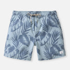 Blue tropical patterned shorts on a light gray background