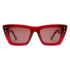 Red sunglasses with a white background