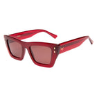 Red sunglasses with a white background