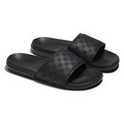 A pair of black slide sandals with a checkerboard pattern on the straps, shown on a clean white background.