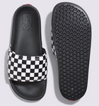 Top-down view of a pair of black /true white La Costa Checkerboard Slide-On Sandal placed on a white background.