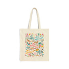 A natural canvas tote bag with a colorful 'Los Angeles' graphic print featuring various beach and city icons, shown against a plain white background.