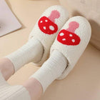 Model wearing Soft Plush Mushroom Heart Rainbow Warm Slippers
