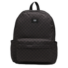 A Vans backpack in the black and black checkerboard pattern, featuring a top handle, main zippered compartment, and a front zippered pocket, shown against a light gray background.