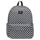 A Vans backpack with a classic black and white checkerboard pattern, featuring a top handle, a main compartment, and a front utility pocket. The Vans logo is visible on a black patch on the upper front.