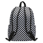 A black and white checkerboard patterned backpack shown from the back, featuring black padded shoulder straps and a top carry handle, set against a solid light gray background.