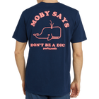 Model wearing Party Pants Moby Says Navy T-Shirt Back