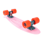An underside view of the pink Penny skateboard, displaying the trucks, wheels, and structural details of the plastic deck