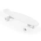 A white penny board skateboard with a textured grip tape deck, white wheels, and a white truck, shown on a seamless white background.