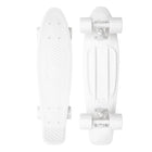 A white penny board skateboard shown from two angles: the bottom deck with grip tape and the top deck, both on a clean white background.