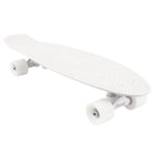 A white penny board skateboard with a textured grip tape deck, white wheels, and a white truck, shown on a solid white background.