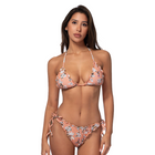 Pick Pink Ruffled Trim Printed Triangle Bikini - Peach Floral (Front)