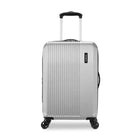 Silver suitcase with black wheels and handle on a white background