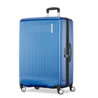 A blue hardshell spinner suitcase with a telescoping handle extended, shown on a clean white background.