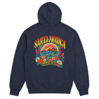 A navy blue hooded sweatshirt shown from the back, featuring a large, colorful retro-style graphic with the text 'SANTA MONICA' and 'CALIFORNIA' surrounding a rainbow, palm trees, and flowers.