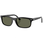 Ray-Ban sunglasses with a black frame and olive green lenses, shown on a light gray background with a soft reflection.