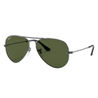 Ray-Ban aviator sunglasses with dark green lenses and a thin silver metal frame, shown on a light gray background.