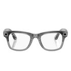 Transparent gray smart glasses with built-in cameras on the outer corners of the temples, shown on a clean white background with a soft reflection.