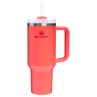 Hot Coral Stanley Quencher H2.O FlowState Tumbler 40 oz with a handle and straw.