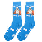 Blue socks with a cartoon character and text on a white background