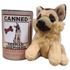 Plush German Shepherd toy next to a can labeled 'Canned German Shepherd' on a white background