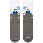 Gray socks with cartoon character and text design on a white background