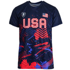 Navy blue t-shirt with 'USA' text and American flag design on a white background