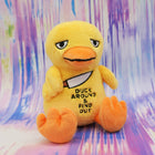 Yellow plush duck with a knife and text 'Duck around & find out' on a colorful background
