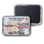 Two square license plate style magnets on a white background, showing the front and back. The front magnet features a multicolor American landscape collage with the text 'UNITED STATES E PLURIBUS UNUM', 'AMERICA 250', '1776 - 2026', and 'SEMIQUINCENTENNIAL'.