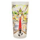 Colorful illustrated tumbler with a design of a city street scene on a white background