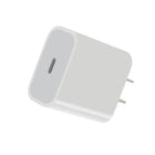 A white wall charger adapter with a USB-C port on the front and two metal pins on the side, shown on a plain white background.