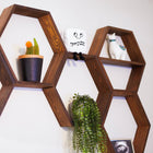 Hexagonal wooden shelves with decorative items on a white wall