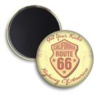 Round magnet with California Route 66 design on a white background