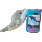 Plush dolphin toy next to a can labeled 'Canned Dolphin' on a white background