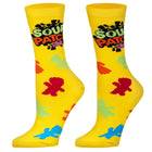 Yellow socks with colorful characters and 'Sour Patch Kids' branding on a white background